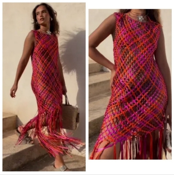 New Zara Satin Effect Woven Braided Fringe Blue Dress/Swim Cover-Up Blogger Fav - Picture 9 of 10